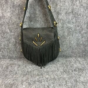 Pour La Victoire Elegant Black Leather Fringe Shoulder Bag